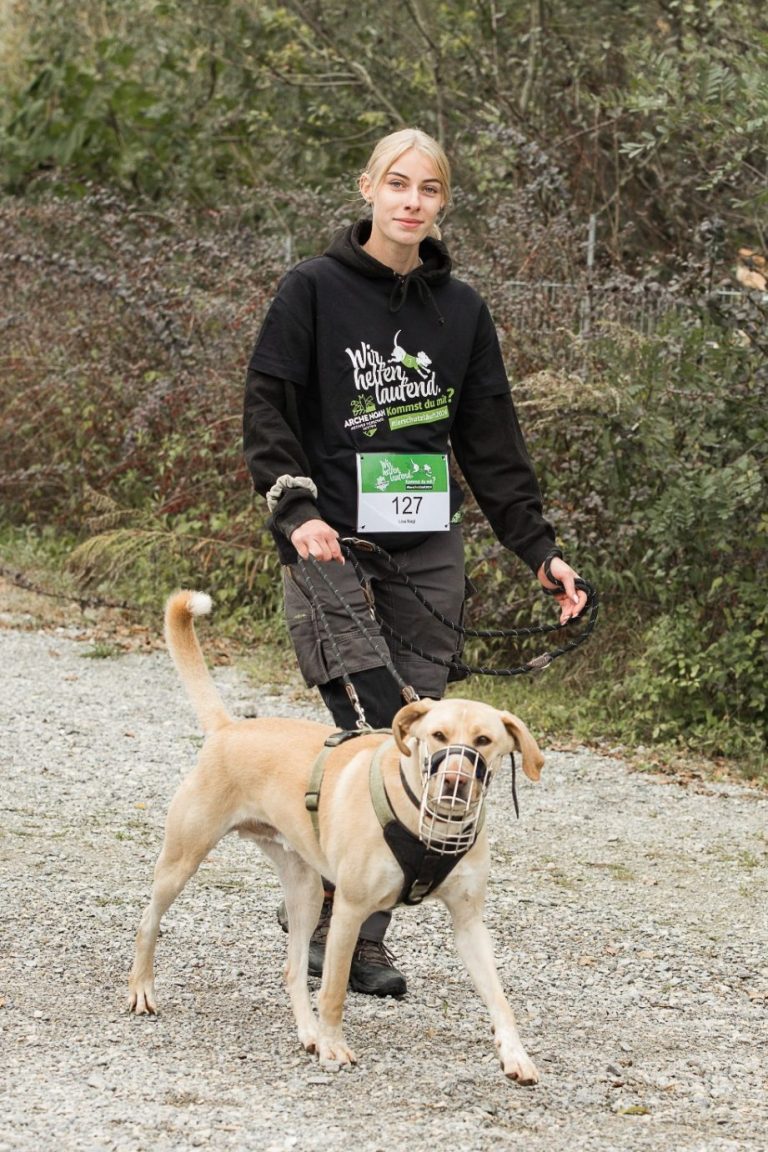 Tierpflegerin mit Tierschutz-Hund läuft auf einem Weg durch eine grüne, bewaldete Umgebung.