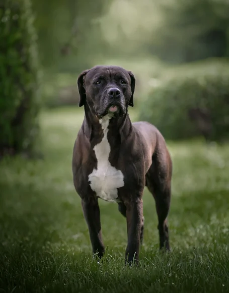 Brauner Hund mit weißer Brust, auf einer grünen Wiese stehend.