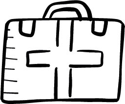 Eine einfache Zeichnung eines ersten-Hilfe-Koffers mit einem Kreuz auf der Vorderseite.
