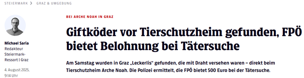 Artikel über Giftköder die vor dem Tierschutzheim Arche Noah in Graz gefunden wurden