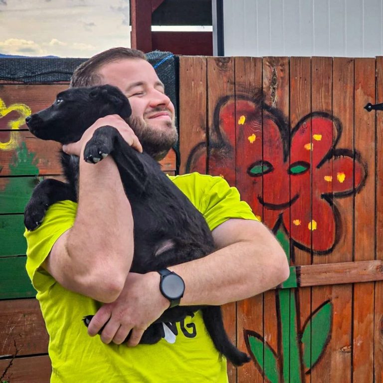 Ehrenamtlicher Helfer umarmt schwarzen Hund vor einer bunten Wand mit Blumenmotiven.