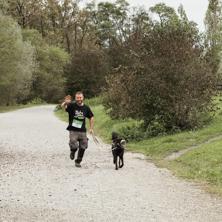Mann joggt mit einem Tierheim-Hund auf einem schmalen Weg in einer grünen Landschaft. Tierschutz:läuft2024