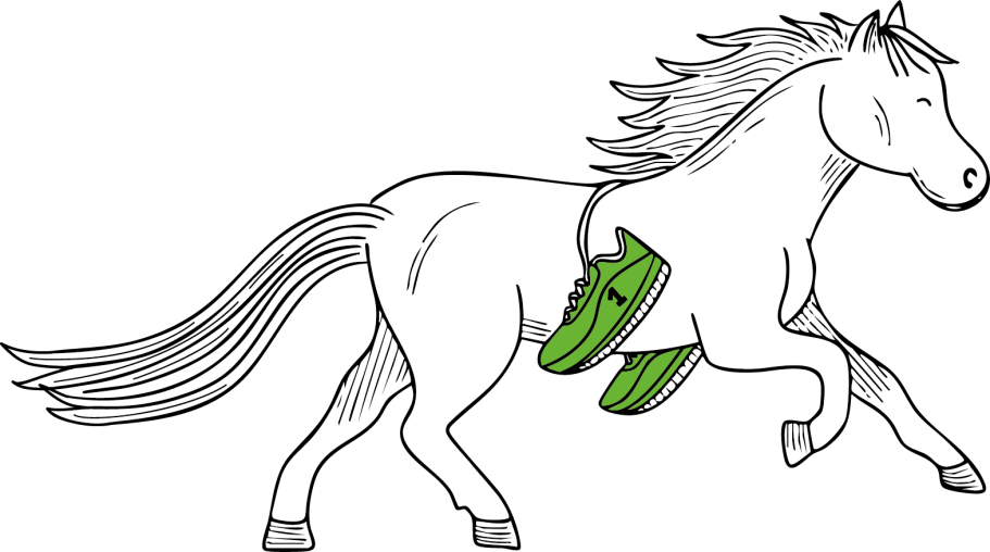 Laufendes Pferd mit grünen Laufschuhen über dem Rücken - Maskottchen des Tierschutzlaufs 'Tierschutz läuft 2025' der Arche Noah