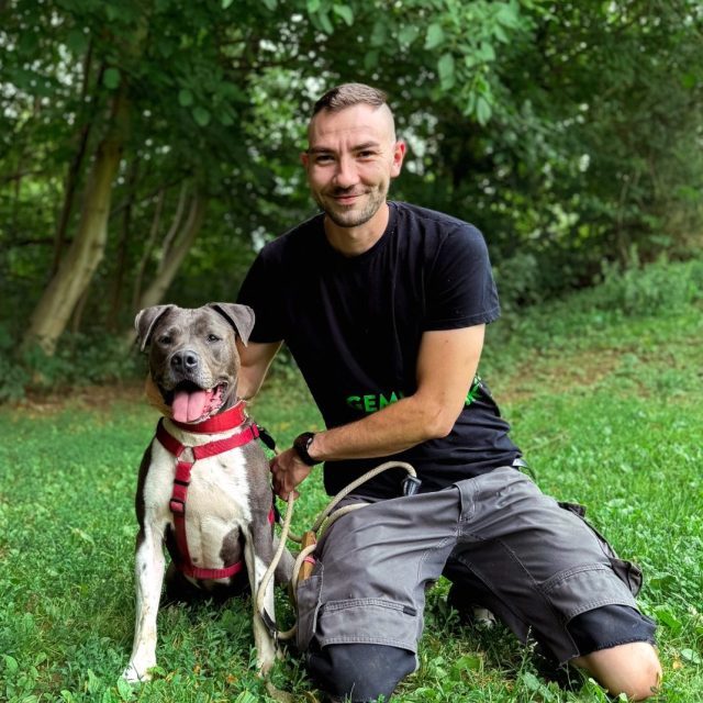 Mann mit kurzen Haaren kniet neben einem Hund im grünen Gras.