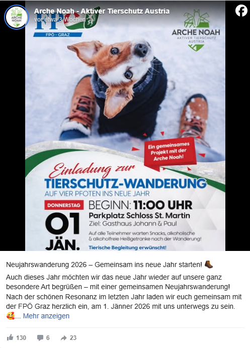 Welpe mit orangefarbenem Halsband in Schnee, umgeben von Weihnachtsdekoration.