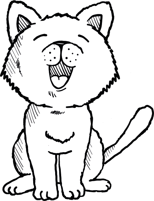 Lächelnde, cartoonhafte Katze mit runden Augen und aufgestellten Ohren.