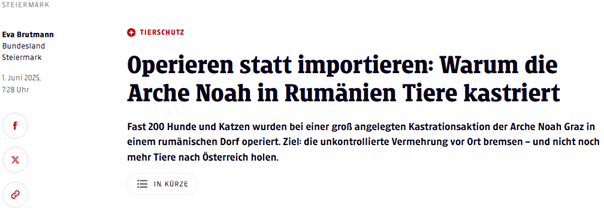 Artikelüberschrift über das Kastrationsprojekt der Arche Noah-Aktiver Tierschutz Austria in Rumänien.