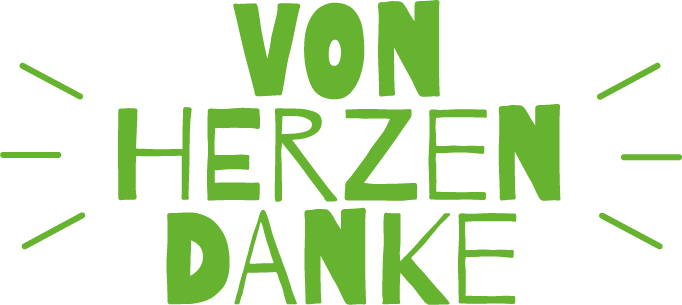 Patenschften-Arche Noah Aktiver Tierschutz Austria Schriftzug "Von Herzen Danke" in grüner Schrift mit strahlenden Effekten.
