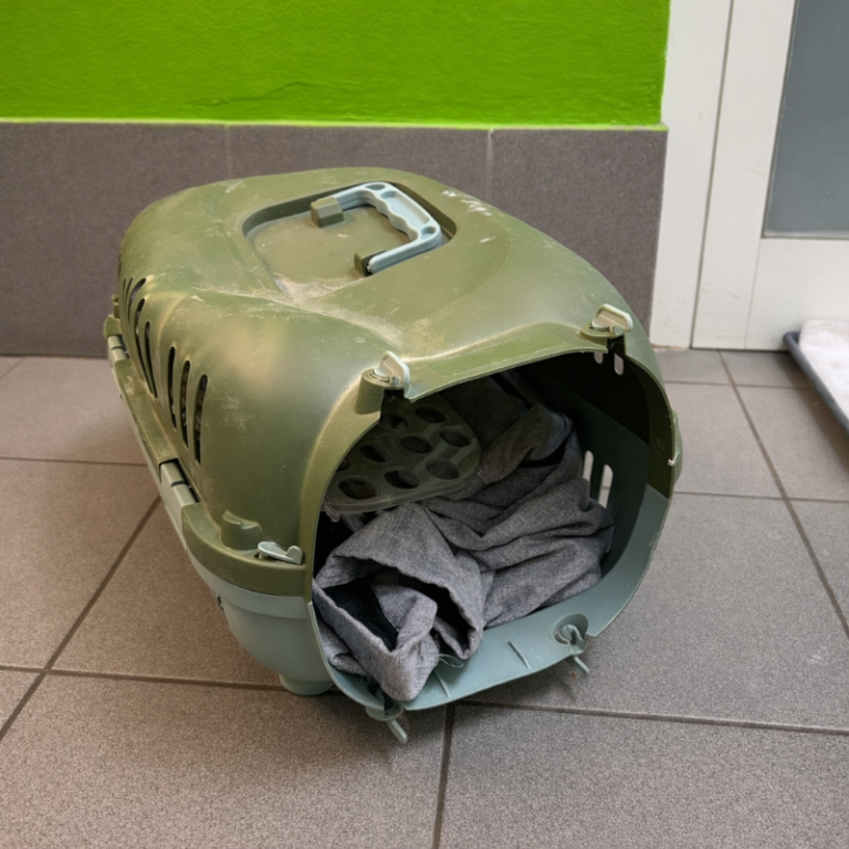 Grüne Tiertransportbox mit grauem Futter in der Innenseite.