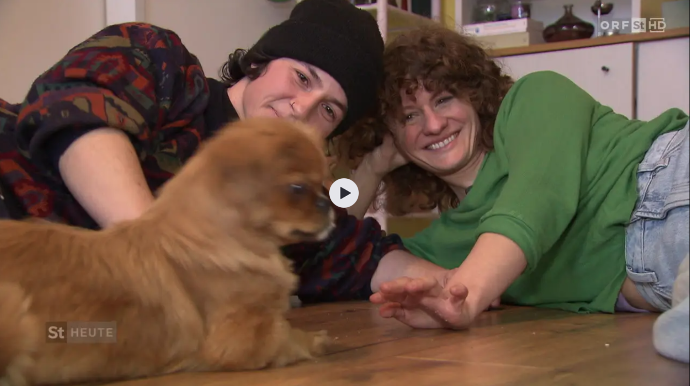 Zwei Personen liegen auf dem Boden und spielen mit einem kleinen Hund.