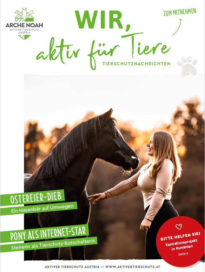 Das Cover der April-Ausgabe der Tierschutznachrichten der Arche Noah. Zu sehen ist eine Frau mit Pferd im Freien, umgeben von Natur.