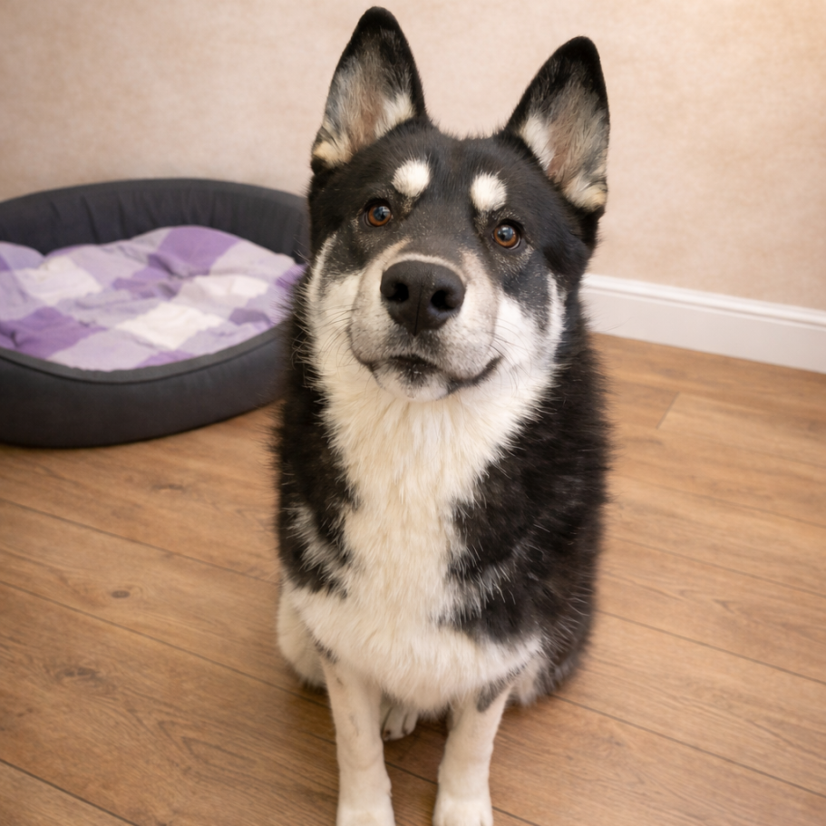 Rottweiler liegt entspannt auf dem Boden mit Laub im Park.