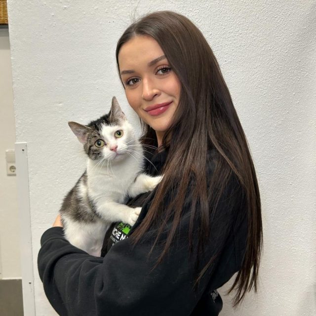 Mann mit kurzen Haaren kniet neben einem Hund im grünen Gras.