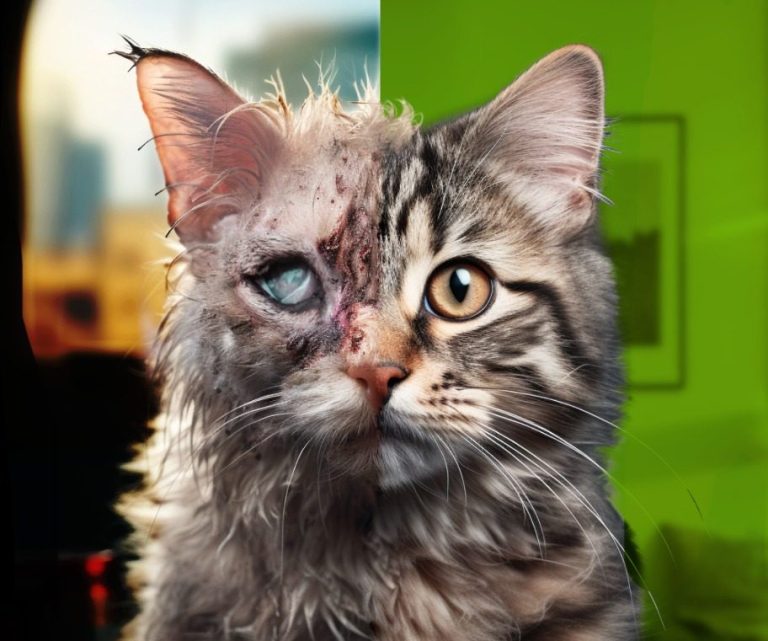 Ein Bild einer Katze. Auf der linken Seite ist sie verwahrlost und verletzt, auf der rechten Seite ist sie gesund.
