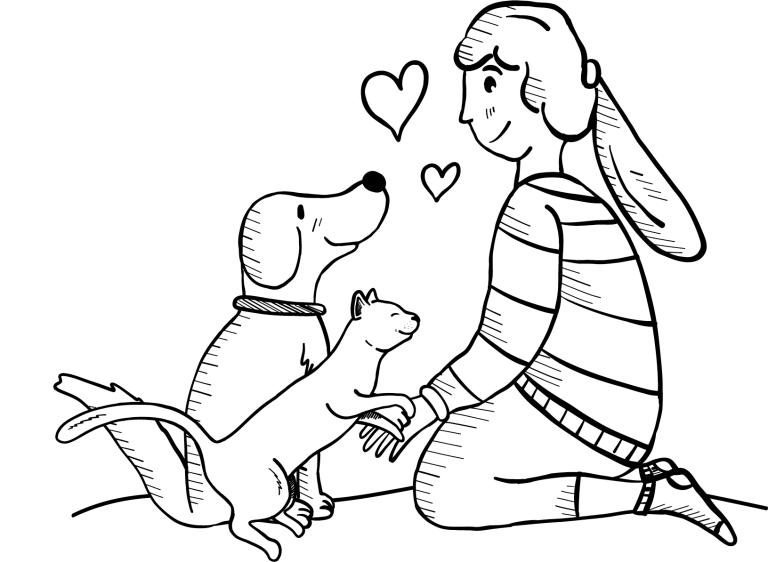 Ein Mädchen sitzt mit einem Hund und einer Katze, umgeben von Herzchen.